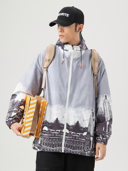 Kevadine mustri ja kapuutsiga meeste jope