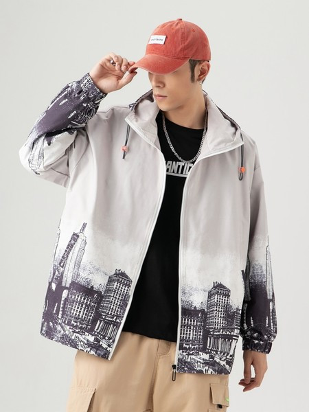 Kevadine mustri ja kapuutsiga meeste jope