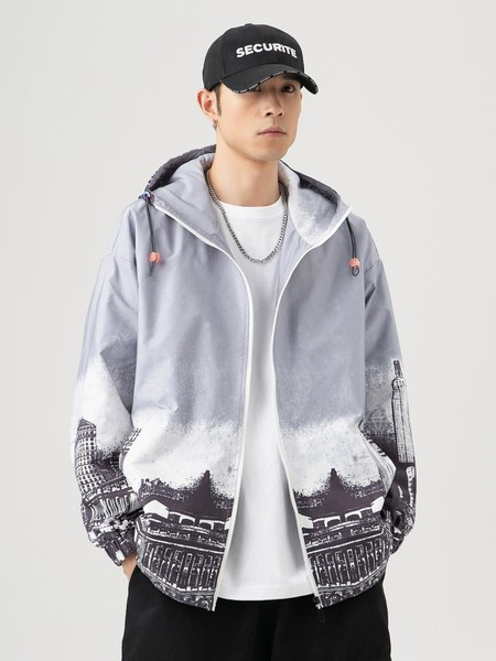 Kevadine mustri ja kapuutsiga meeste jope