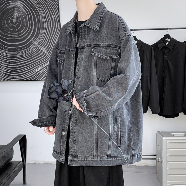 Alkalmi férfi farmerdzseki klasszikus gallérral és zsebekkel