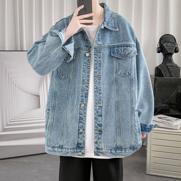 Alkalmi férfi farmerdzseki klasszikus gallérral és zsebekkel