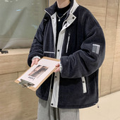 Férfi plüss kabát klasszikus galléros gombokkal és cipzárral