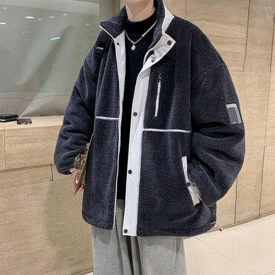 Férfi plüss kabát klasszikus galléros gombokkal és cipzárral