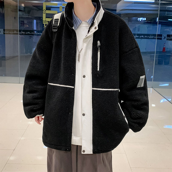 Férfi plüss kabát klasszikus galléros gombokkal és cipzárral