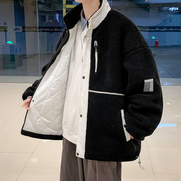 Férfi plüss kabát klasszikus galléros gombokkal és cipzárral