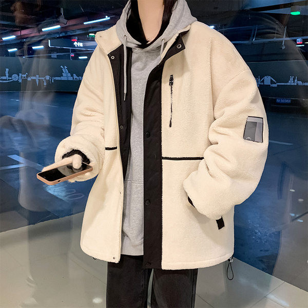 Férfi plüss kabát klasszikus galléros gombokkal és cipzárral