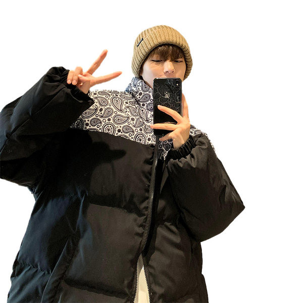 Férfi téli kabát magas gallérral, fekete és szürke színben