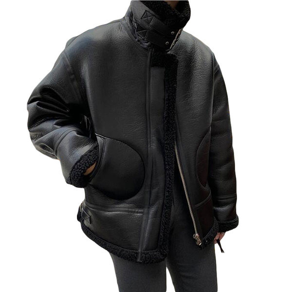 Férfi bőrkabát fekete és bézs cipzárral