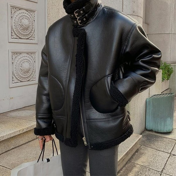 Férfi bőrkabát fekete és bézs cipzárral