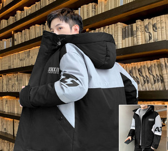 Férfi téli kabát felirattal és kapucnival megkötős