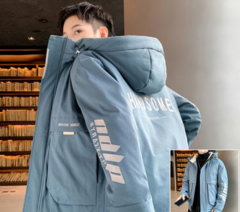 Férfi téli kabát felirattal és kapucnival megkötős