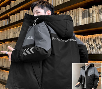 Férfi téli kabát felirattal és kapucnival megkötős