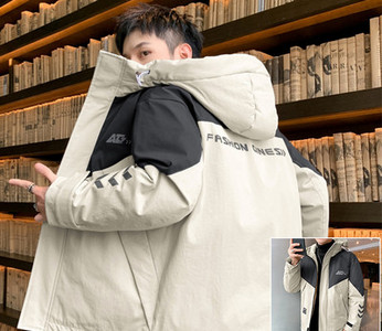 Férfi téli kabát felirattal és kapucnival megkötős