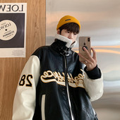 Férfi téli bőrkabát magas gallérral - széles modell