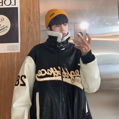 Férfi téli bőrkabát magas gallérral - széles modell