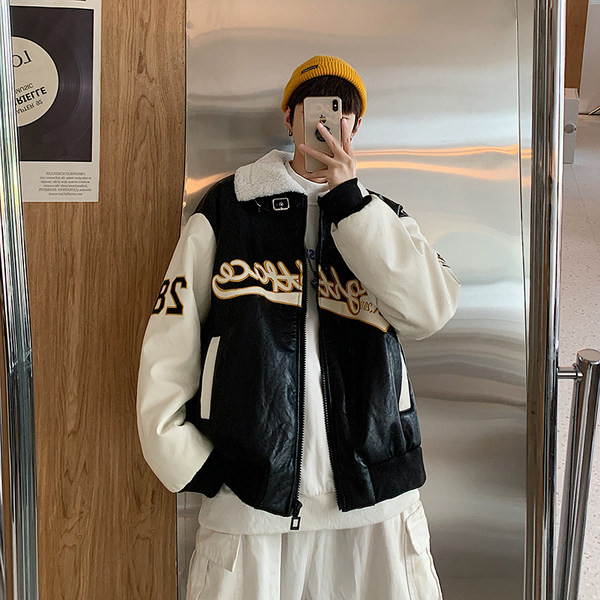 Férfi téli bőrkabát magas gallérral - széles modell