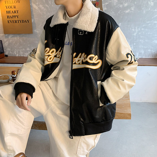 Férfi téli bőrkabát magas gallérral - széles modell