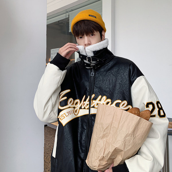 Férfi téli bőrkabát magas gallérral - széles modell