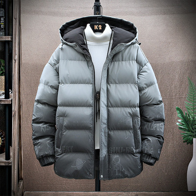 Modern férfi téli kabát kapucnival és cipzárral