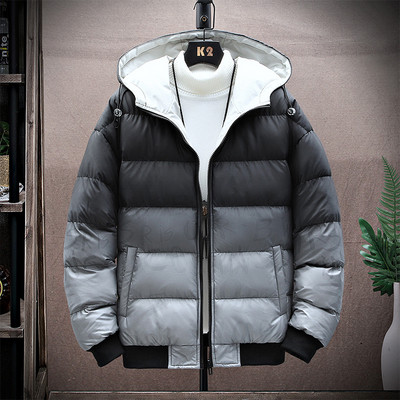 Modern férfi téli kabát kapucnival és cipzárral