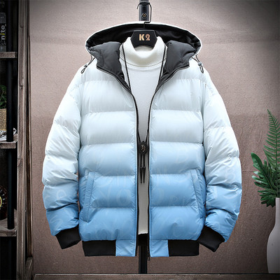 Modern férfi téli kabát kapucnival és cipzárral