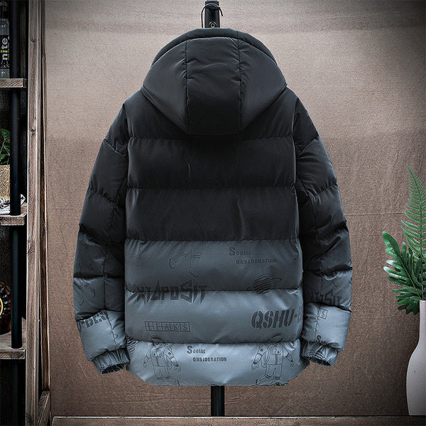 Modern férfi téli kabát kapucnival és cipzárral