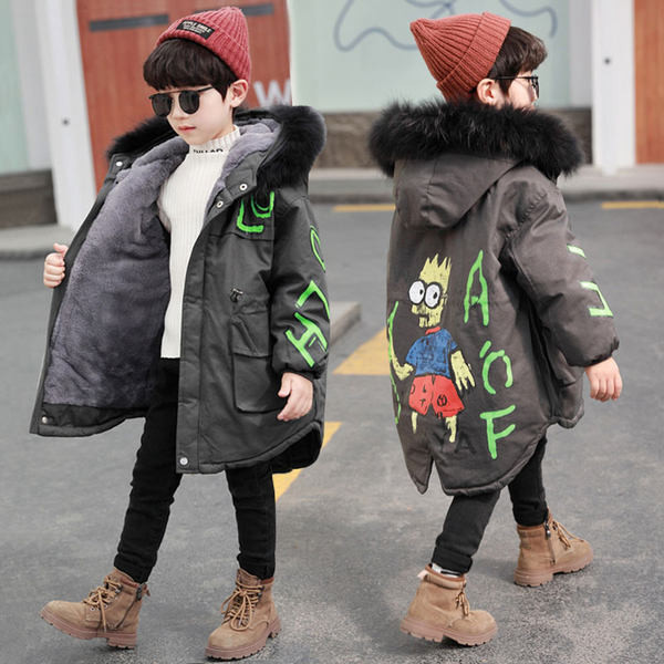 Μοντέρνο παιδικό σακάκι μακρύ μοντέλο με απλικέ και γούνα