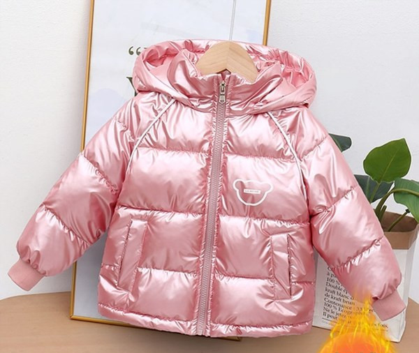 Fényes hatású, rátéttel ellátott gyermek téli kabát