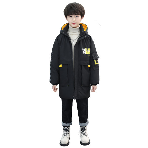 Gyermek hosszú kabát kapucnival és feliratokkal