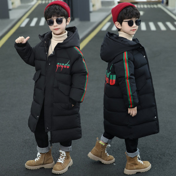 Gyermek hosszú kabát fiúknak kapucnival és felirattal
