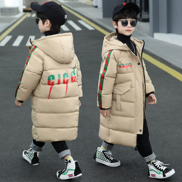 Gyermek hosszú kabát fiúknak kapucnival és felirattal