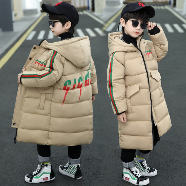 Gyermek hosszú kabát fiúknak kapucnival és felirattal