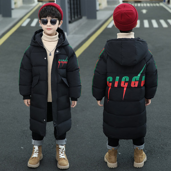 Gyermek hosszú kabát fiúknak kapucnival és felirattal
