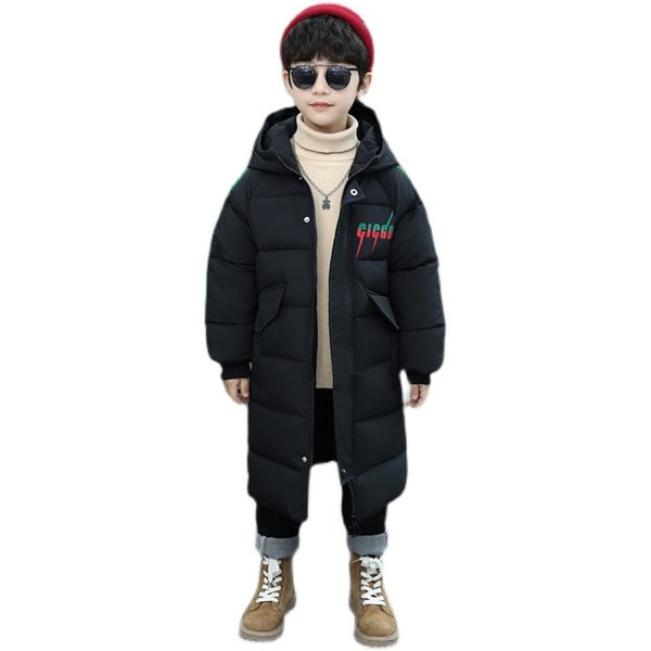 Gyermek hosszú kabát fiúknak kapucnival és felirattal