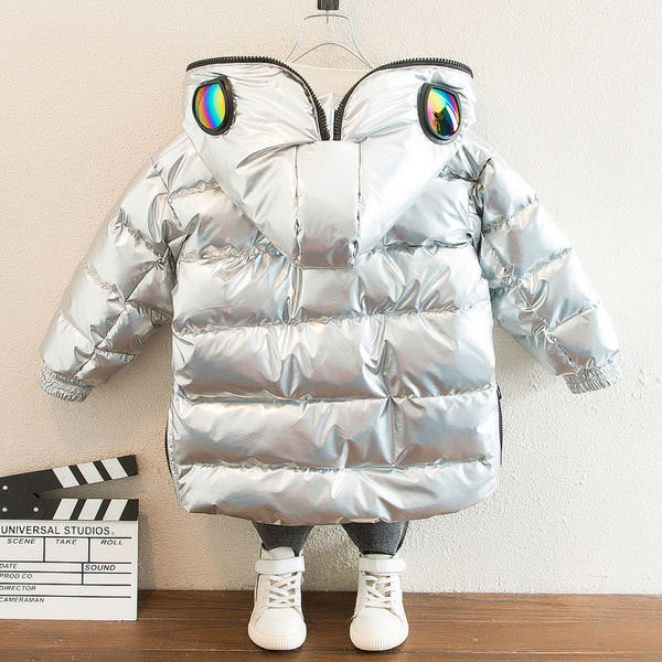 Modern téli gyerekkabát kapucnival fekete és ezüst színben