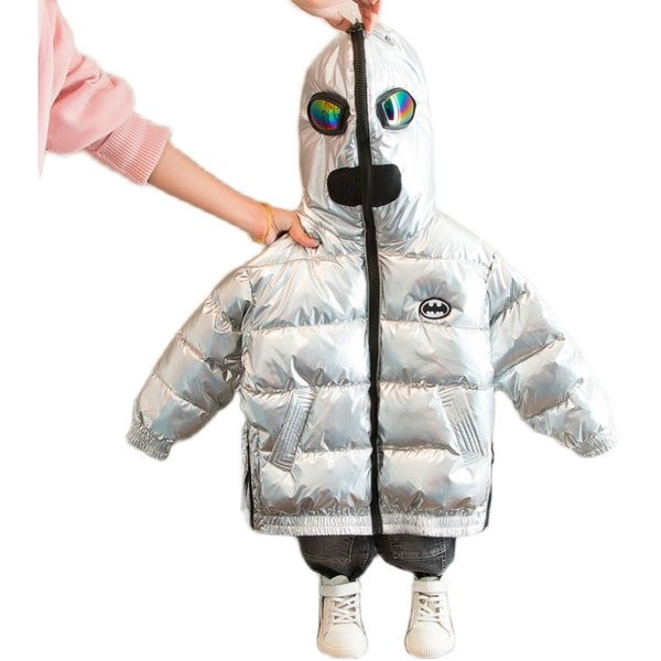 Modern téli gyerekkabát kapucnival fekete és ezüst színben