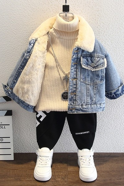 Laste sooja voodri ja taskutega teksajakk