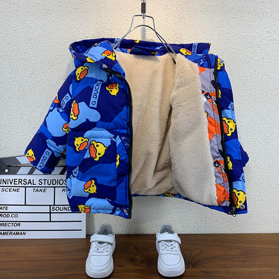 Värvilise trükise ja sooja koheva voodriga laste talvejope poistele