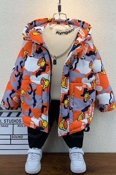 Värvilise trükise ja sooja koheva voodriga laste talvejope poistele