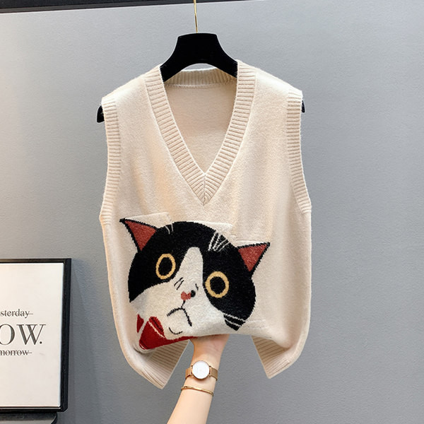 Kötött mellény színes rátéttel és spitz nyakkivágással