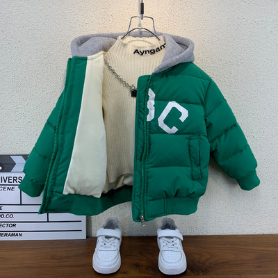 Alkalmi gyerekkabát kapucnival és felirattal