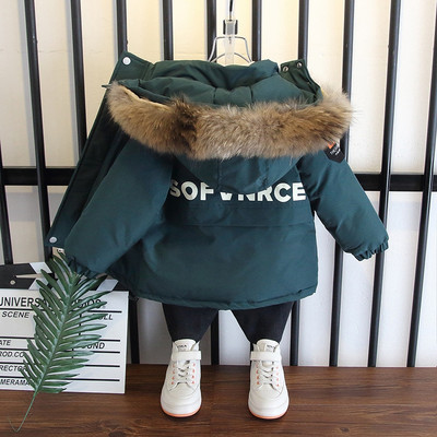 Gyerek téli kabát kapucnival és felirattal, vastag béléssel