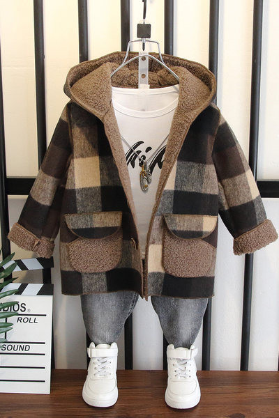 Gyermek kockás kabát meleg béléssel és kapucnival