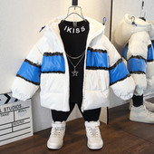 Tõmbluku ja kapuutsiga talvine lastejope valge ja halli värviga