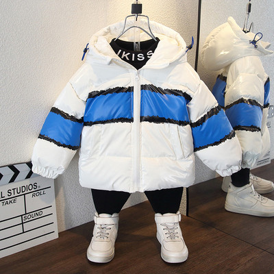 Tõmbluku ja kapuutsiga talvine lastejope valge ja halli värviga