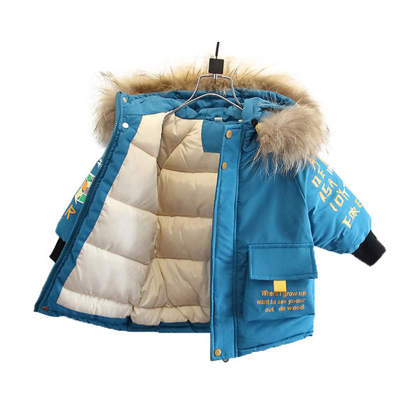 Kék és fekete téli gyerekkabát kapucnival