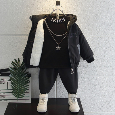 Fiú téli ruhák plusz bársony öltöny 2021 új külföldi stílusú baba téli ruhák divatos gyerek vastagító és meleg kétrészes öltöny