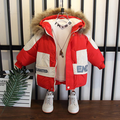 Téli gyerek melegítő pehely béléssel és kapucnival fiúknak