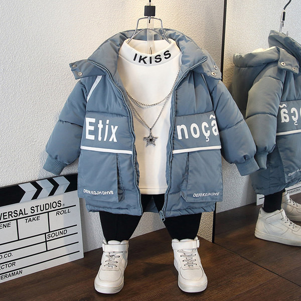 Moodne laste pikk jope kirja ja taskutega