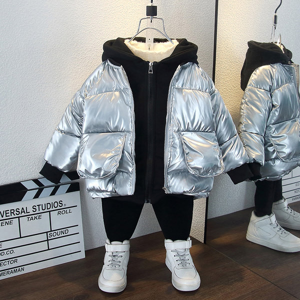 Modern gyerekkabát kapucnival - fekete és ezüst